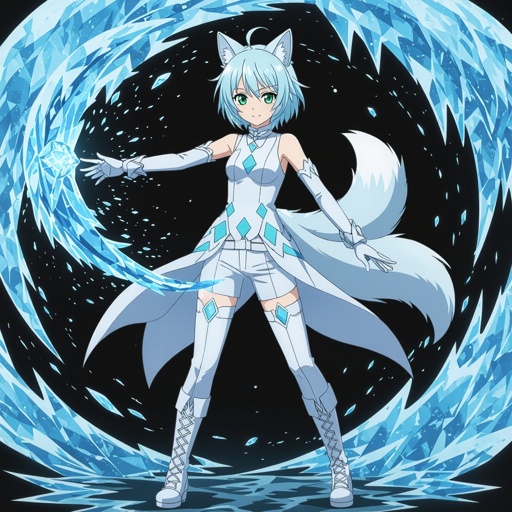 A pale teenage girl. Aqua green eyes wearing a white top and trousers with light blue diamonds. Short white hair with a singular snow fox tail and two ears. Wears long gloves and boots conducting ice with a black background