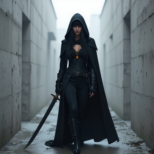 
A woman with long brown hair and light green eyes. She has bangs that cover one eye, an emo-style fringe that covers the entire eye. She has a chubby, round face. Pale skin. Delicate beauty. Thin lips. She is dressed in black pants and a black turtleneck. She wears a belt with a dagger. A long sword hangs on her back. In her hand, she holds a short sword. She wears a black cape and a large hood over her head. Around her neck, she wears a necklace with a shimmering amber. The woman looks menacing. A dark alley, a dark atmosphere. A few lights. Fog. Dark.

Breasts covered. Dark. Fog. Black.