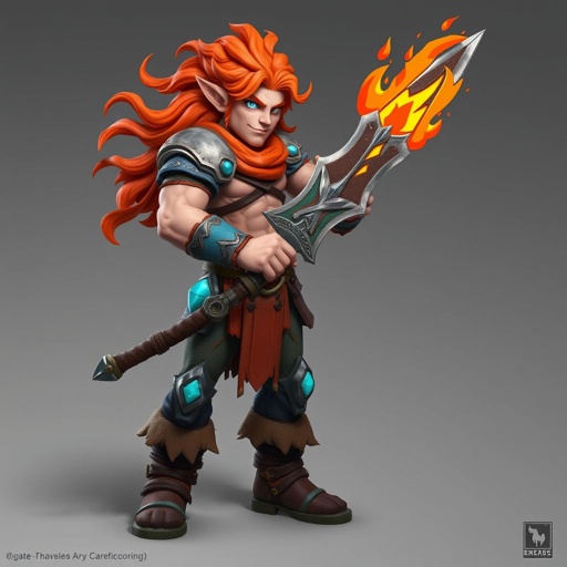 Create a character: battle hero Rhen the Fire-Singer – A lean, muscular man. Show him head to toe including his shoes.
