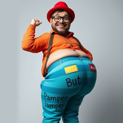 Create a funny looking man with slightly big buttock through pants called pamper butt