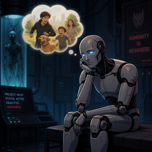 Male humanoid robot who wants to be human made by a Villian