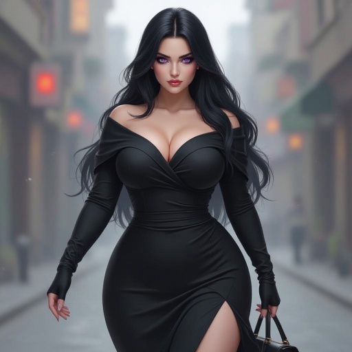 Create fat mysterious woman jet-black hair is cut sharp to her jawline, and her violet eyes seem to pierce through darkness. A shadowy aura clings to her form, faint shapes shifting and flickering behind her like whispers of another realm. Show whole body head to toe