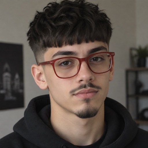 Teen Boy Pencils Mustache Standard Goatee Red Glasses Black French Crop with Texture Hair