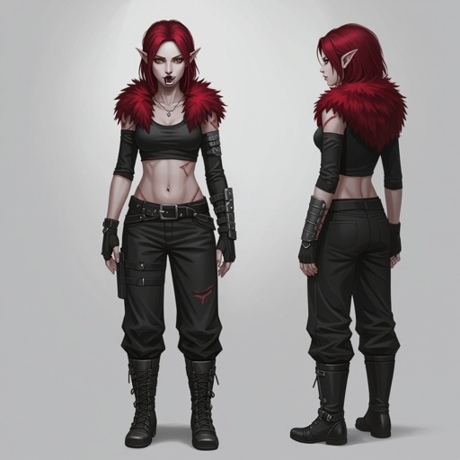 Full body Pale skin, grey eyes, sharp canines and molars, dark red fluffy hair, small scars over body. Wears skin tight long sleeves and baggy pants, metal boots and black leather fingerless gloves.