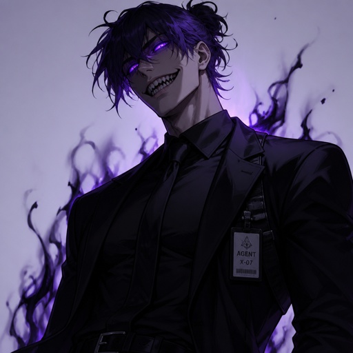 Male Agent,made to be a weapon, highly skilled, emergency backup case out of control, hair violet messy bun, clean shaven, night vision eyes, sharp teeth, dark power, tall, intimidating, big grin, he's used as an emergence backup weapon