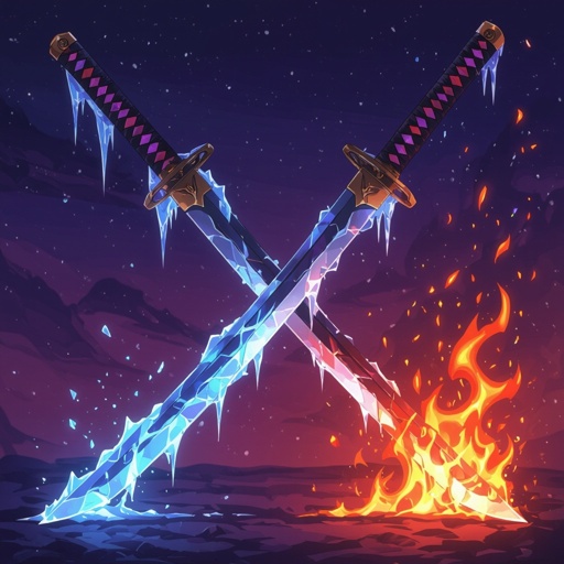 2 swords crossed no human with fire and ice coming from them