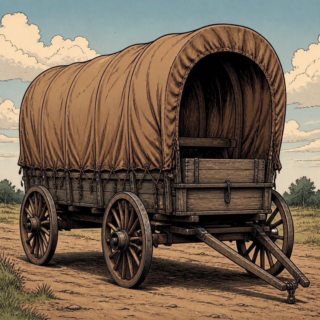Hi, highly realistic, no speech bubbles Vint colours three-quarter front view of a canvas covered waggon about 18 feet long. It is covered by brown canvas. We see this in three-quarter front view no horses no speech bubbles no people no print dots