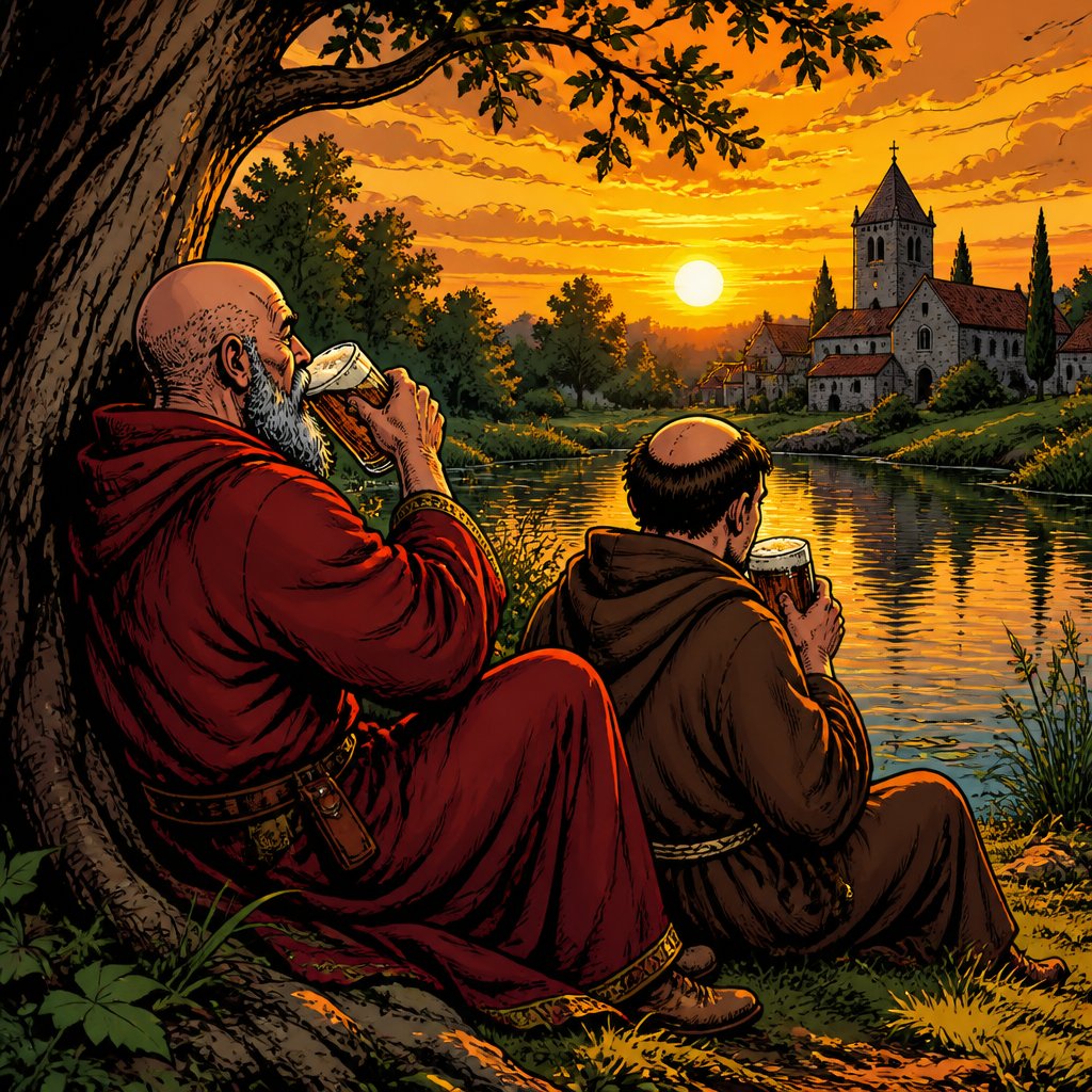 An old man, bald with gray beard, dressed in reddish mediaeval robes leaning against the tree drinking beer we see him 3/4 rearview overlooking a pond. Another man dressed as a monk sits beside him also drinking beer .evening golden hour, realistic no speech bubbles no caricature