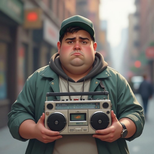 Create a funny fat guy who isnt friendly from New York  has a boom box radio and is a stoner 