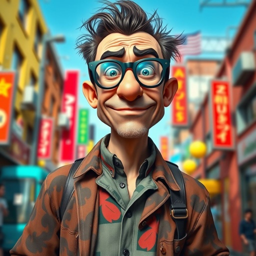 Create a funny looking serious man in the world, with a not so stylish outfit head to toe