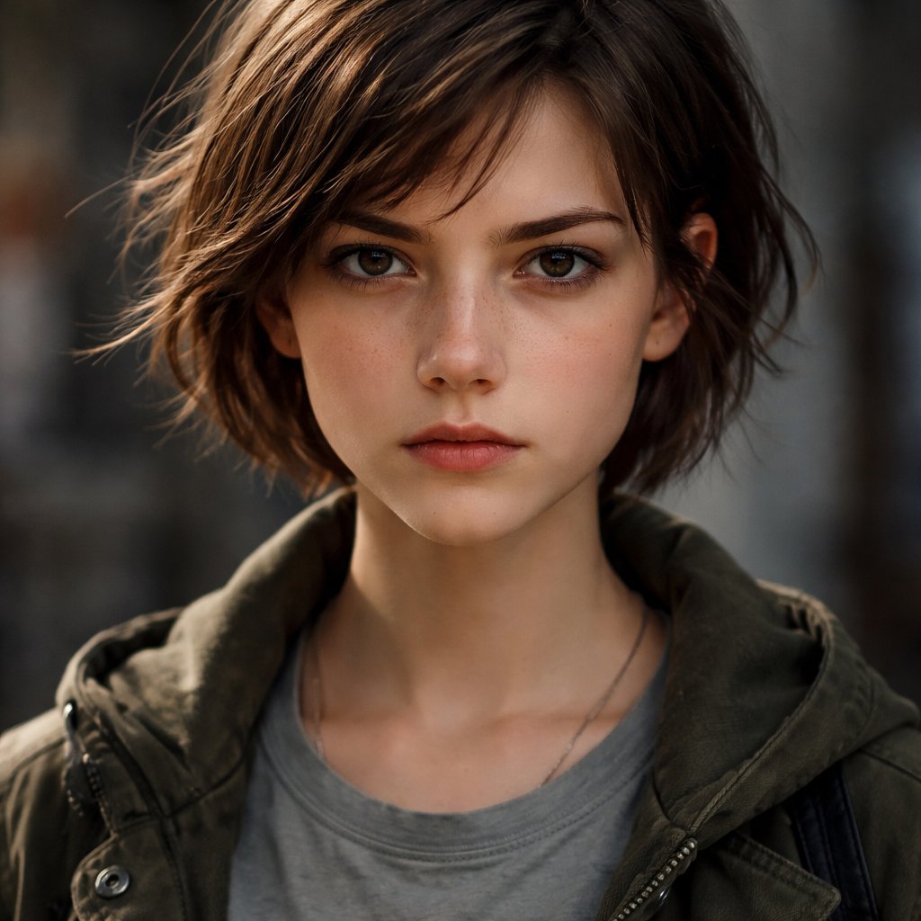 An 18 year old girl who has short brown hair and brown eyes. She looks determined.