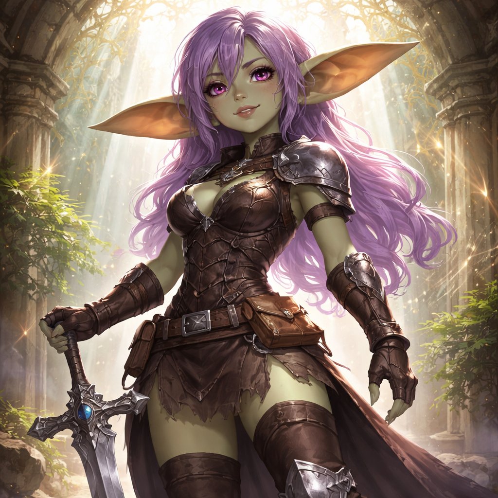 Goblin girl with very big ears, pale green skin, light purple hair, purple eyes in fighter outfit and longsword with a beautiful skylight behind her