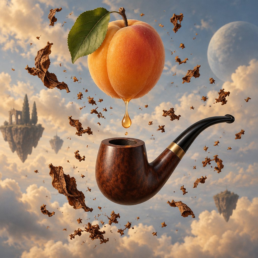 Apricot hanging above a tobacco pipe with a drop of juice about to fall into the tobacco pipe bowl and tobacco laying around