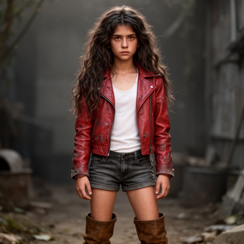 short sixteen-year-old girl with wavy, long, messy dark-brown hair and warm brown eyes. She wears a beaten-up red leather jacket over a clean white tank top, paired with dark-gray jean shorts and tall brown boots. Determined look