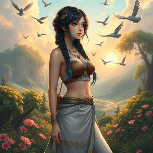 A young female with fair skin and vibrant teal eyes. Black hair with cyan tips in the form of two long braids. Wearing a two-piece goddess outfit (specifically top and trousers exposing a small amount of stomach) sitting on a hill watching pigeons fly from a very far distance