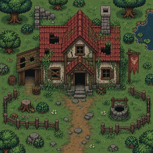 Untended house, unique, for a modern fantasy game, exterior, top down style, shading and highlights