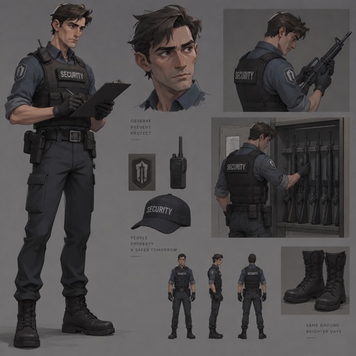 Lean man, clothes that inventory well, nothing souvenir. Rifle checked then the rack checked. Attentive face, not cruel. Completes a form the way other people breathe. Reads as security, not a villain. The heel is the same silhouette. Fortiche painted, practical field gear.
