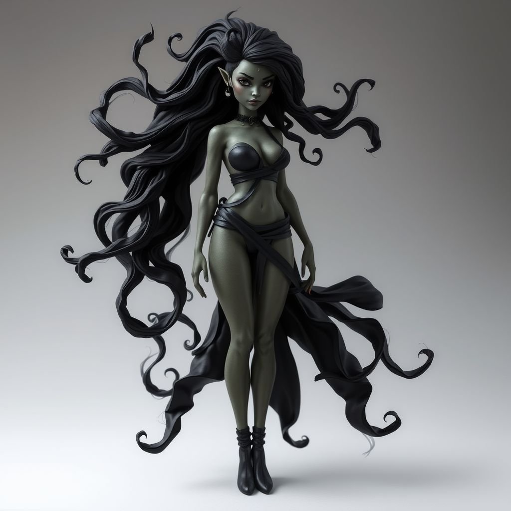 Create character hero Veyra of Shadows – A lithe, mysterious black woman draped in layered black silks that move like smoke around her. With jet-black hair. Show her whole body head to toe including her shoes.