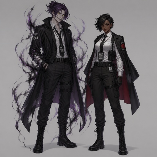 Anime style, Agent Ward, made in a secret lab to be best weapon and good at everything, highly skilled,be kept in check and have an emergency backup in case he gets out of control, Wards hair a messy bun hair color violet, is clean shaven, yellow night vision eyes, sharp teeth,has a dark power energy from experiments,best agent, in late 20s, tired, tall, eyes sensitive to light, easily migraines, likes making jokes, mischievous and dangerous,grins, hates being told what to do, intimidating, laugh like a maniac cares about his partner ruby rose she's dark skin serious plays by the rules and firm but nice to ward them standing together ruby arguing to wards “stop being so intimidating you’re going to give are suspect a hart attack!” Ward says “what I’m just making the job go faster he’s fun and was very helpful “ he proceeds to laugh ruby says under her breath “this isn’t funny”