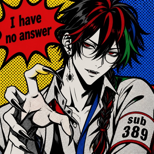 Man, tall, pale, snack like with snack eyes, green and blue long hair mysterious Anime white male, name Lloyd, hair messy long one loose braid, black hair with light red stripes, clean shaven,red eyes, long scary fingers spider fangs, glasses, sarcastic, cold, laugh mockingly, traumatized,was a unwillingly experiment many years before getting rescued, no memory of his past, has power of a spider, poisonous makes spider webs with his hands, can communicate and control spiders, on right arm a print says sub 389, doesn't remember anything from his past,very dangerous.snake man is trying to get Lloyd to talk about the experiment he went through, Lloyd coldly says “I have no answer”