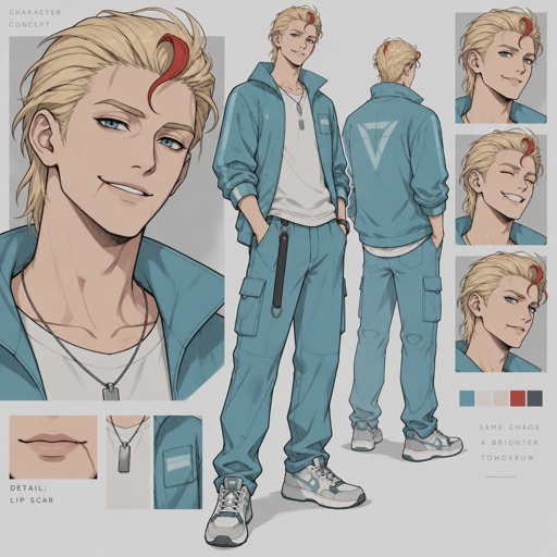 Male, blonde greased brushed back hair, curl on forehead, red streak in hair, scar on lip, blue eyes, slim, designer, cyan casual clothes, smiling, cartoon style