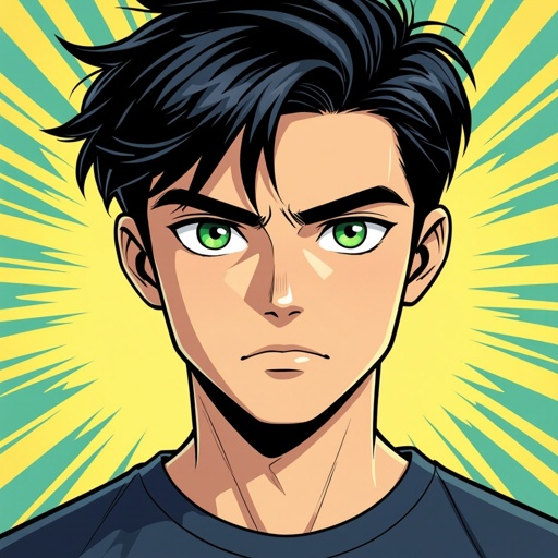 Male. 15 years old. Black hair. Green eyes.