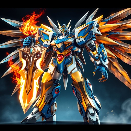 A blue white and gold mech with a giant flaming sword and metal wings