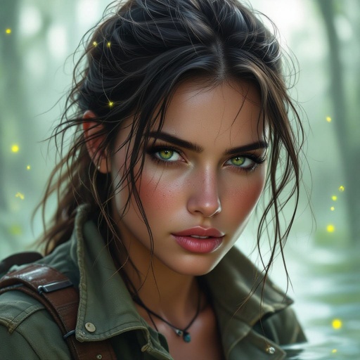 🎨 Render Prompt — Olivia Hollis, “Firefly Hollow (Eendood Outfit Final)”  Semi-realistic fantasy portrait of Olivia Hollis, the Firefly Hollow, standing beneath the humid moonlight of Eendood’s swamp city. The air is thick with mist and golden fireflies drifting lazily through the damp night. She has pale, ghost-touched skin with faint silver veins beneath the surface and soft gray-blue eyes glowing faintly in the haze. Her shoulder-length black hair bears a distinct shock of white through the front, catching the light like a spectral mark. Silver goggles rest in her hair like a headband.  Her thigh-high dusk-lavender tunic resembles a fitted ruched slip, clinging lightly in the humidity — practical, airy, and faintly iridescent under the moonlight. Over it, she wears her dark dried-blood red corset, now open fully down the front like a vest, its seams split and edges curled with age, revealing the lavender tunic beneath. The look is light and travel-worn, suited to the swamp’s heat and mist.  She wears no jacket or leggings, her arms and legs bare for freedom of movement, her pallid Hollow One skin softly luminous in the damp air. Her boots remain worn and mud-stained, practical for the marshy terrain. Around her throat is a simple green ribbon, tied neatly into a small bow at the side.  At her right hip rests Étienne, her compact ruby-inlaid hand crossbow with visible short bow arms and a carved wooden frame — clearly recognizable as a crossbow, elegant and well-worn. Her hands are outstretched, and fireflies swirl and hover around her palms, glowing gold and white — her Swarmkeeper magic manifest in the haze.  The scene glows with soft silver moonlight filtering through humid air; reeds sway, water ripples faintly, and Olivia stands serene — a revenant soul alive amid the still, breathless swamp.