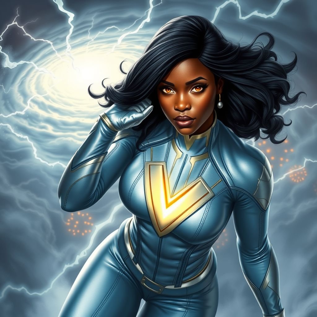 African American female superhero with hair in a shoulder length side part hairstyle with pure Gold glowing eyes wearing a leather light blue white and silver suit with light blue pants and silver boots and a V as her chest emblem controlling a storm in Philadelphia