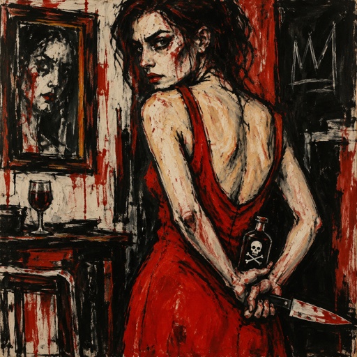 Woman in a scarlet dress with a knife and a bottle of poison behind her back 