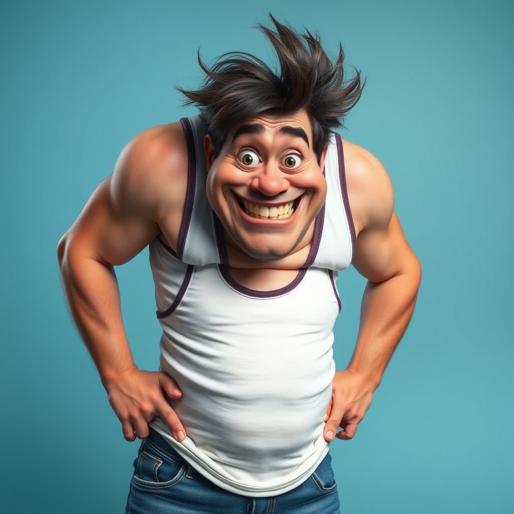 Create a funny looking man who’s jeans and tank top is so tight head to toe