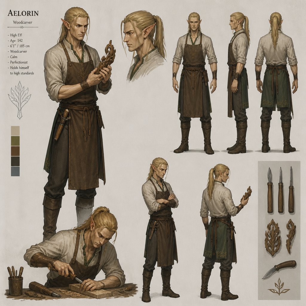 male, elf, ponytail blonde hair,apron,serious multiple of the same character