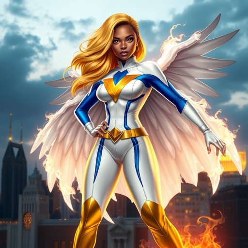 African American female superhero with glowing gold hair in a shoulder length side part hairstyle with pure Gold Glowing eyes wearing a white suit with gold and royal blue with white pants and gold and white knee length boots with a utility belt with a gold V as her chest emblem with glowing wings made of white fire in Philadelphia