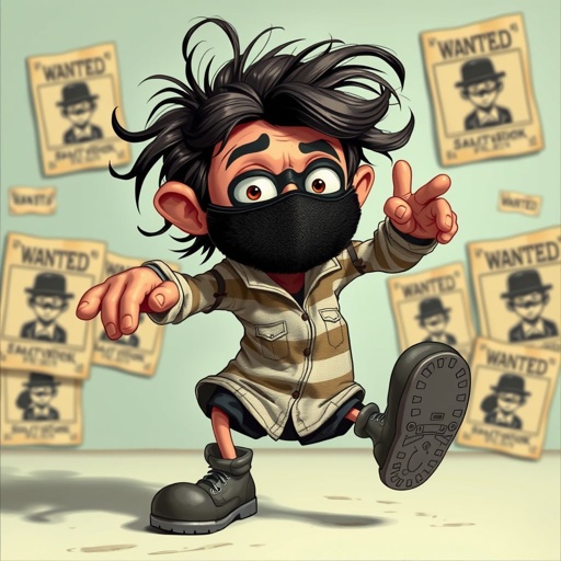 Create a funny looking clumsy thief with funny shoes on. Make him have on the bandit black thing around his eyes. And wanted for stealing sandwiches 