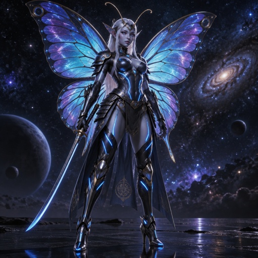 A gorgeous alien butterfly woman in a futuristic space samurai armor. Show whole body. 