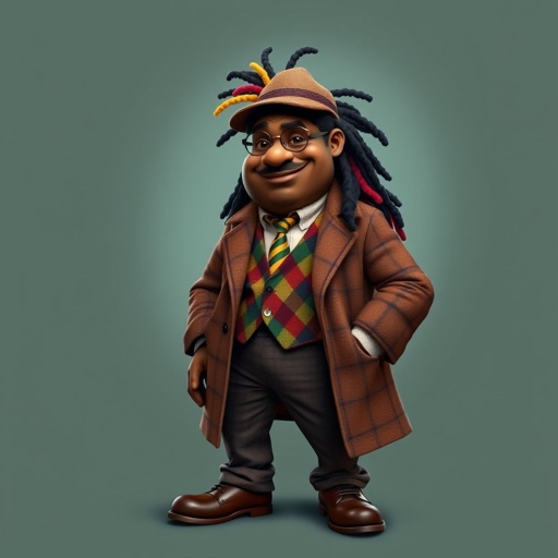 Create a funny fat character similar to Sherlock Holmes, but make him of black decent and with dread locks. Show his whole outfit including his shoes.