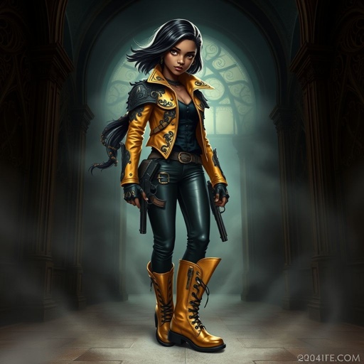 A teenage African American female with shoulder length hair  in a side part style wearing an armored gold leather jacket with black accents black leather pants and gold boots with a gun belt and two guns on her hips