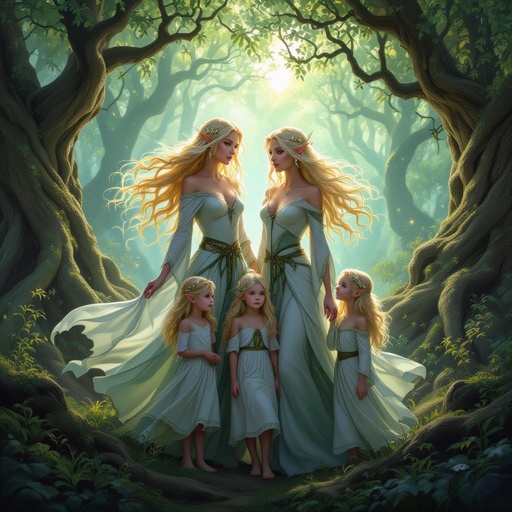 Twin women’s with blond hair and their two sets of twin children 
