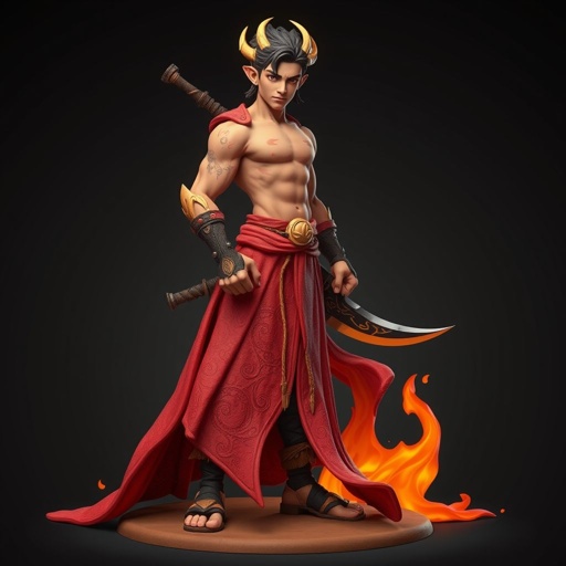 Create handsome hero Rhen the Fire – A lean, muscular man. He wears layered, flowing desert robes dyed in warm reds and golds, with scorch marks where flames have licked them. A curved blade hangs at his hip. Show whole body head to toe including her shoes.