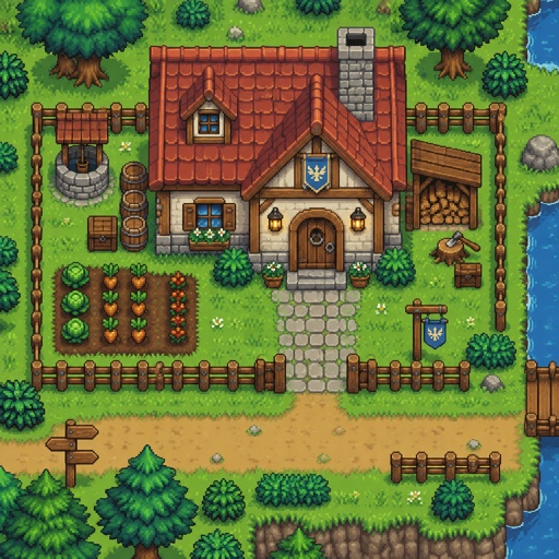 Three person house, items, for a modern fantasy game, exterior, top down style, shading and highlights