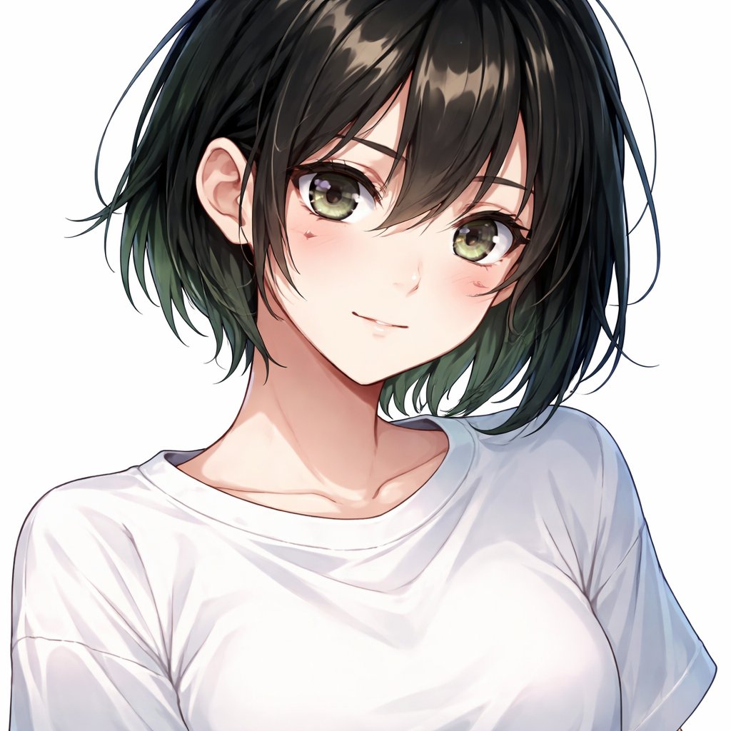 Short black hair green tint girl with a scar under right eye