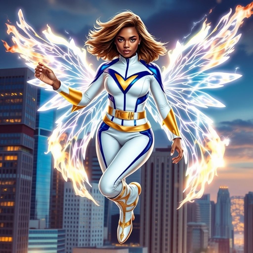 A teenage African American female superhero with brown hair with gold highlights in a shoulder length side part hairstyle with pure Gold Glowing eyes wearing a white suit with gold and royal blue with white pants and gold and white knee length boots with a utility belt with a gold V as her chest emblem with glowing wings made of white fire in Philadelphia