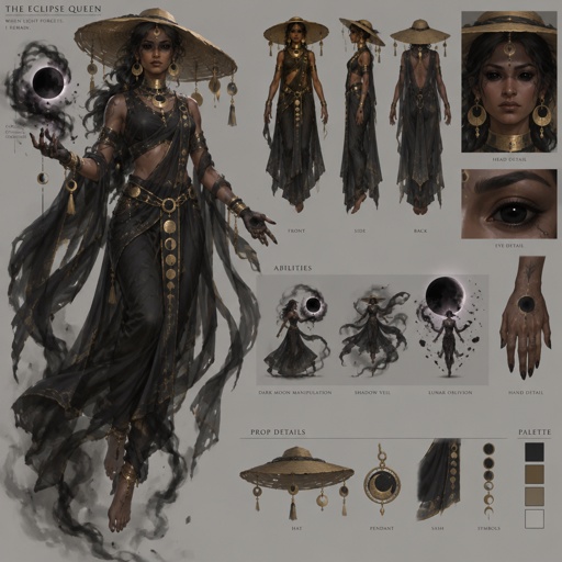 Female Villain with black moon abilities, black eyes, sun hat, floating, Indian, Full body