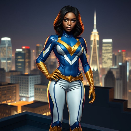 A young African American female superhero with shoulder length hair in a side part style wearing a blue and white suit made of a leather like spandex material with gold accents with white pants and gold boots with a stylized V as her chest emblem standing ona roof in a Philadelphia at night