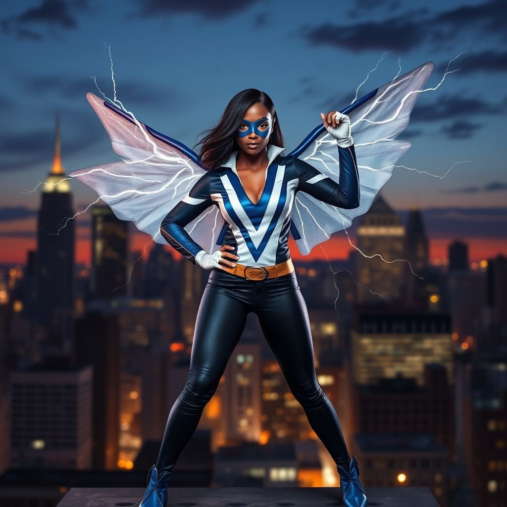 African American female superhero with shoulder length hair in a side part style and wings made of white lightning wearing a domino mask wearing a slightly homemade  white blue and black suit with black pants with a stylized V as her chest emblem wearing blue flat boots made of gold standing in Philadelphia at dusk