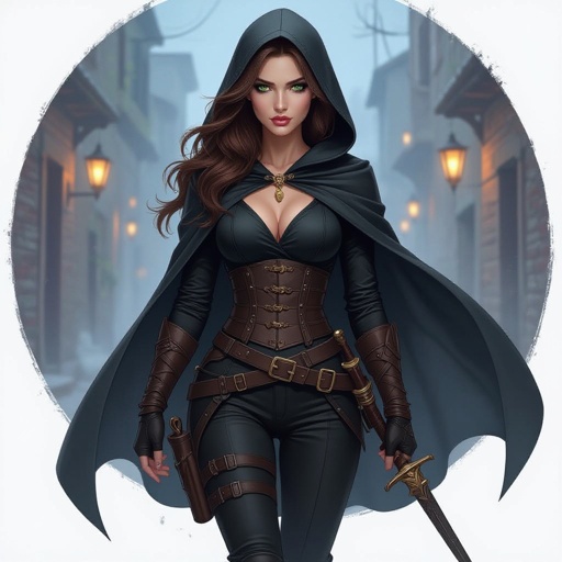 Human woman. Brown long hair and green big eyes. She wears a black cape. A tight black blouse and black pants. She has a belt on which he carries daggers and swords. She wears high, heavy boots. She carries a short sword. She has a long sword on his back. She wears a hood. It's night. A dark alley. The screen is from below. A woman approaches us. A cold expression appears on her face. An amber necklace gleams around her neck. She wearing black armor. The woman is pale. She has a delicate beauty. Her eyes are painted black. She looks menacing. pale complexion She wears armor and a black turtleneck.