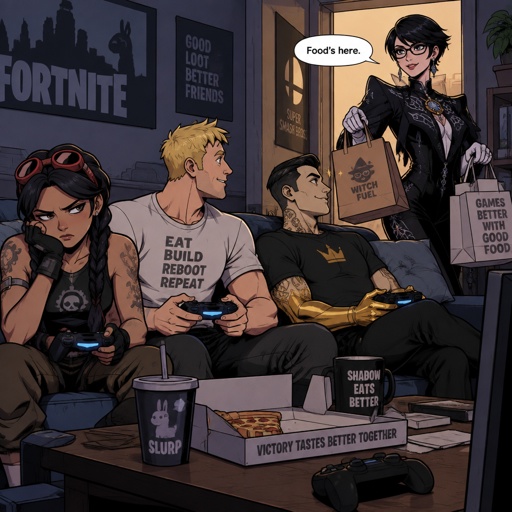 Jules from Fortnite, jones from Fortnite, Midas from Fortnite, wearing casual clothes, playing video games, Midas isn’t playing he’s looking at Bayonetta, Bayonetta from super smash bros short hair coming in with takeout, Jules isn’t happy 
