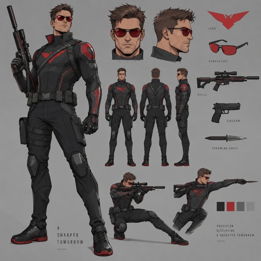 Superhero with enhanced marksman abilities, red sunglasses, costume design 