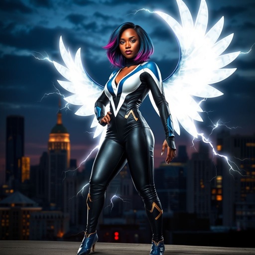 African American female superhero with shoulder length hair in a side part style and wings made of white lightning wearing a mask wearing a slightly homemade white blue and black suit with black pants with a stylized V as her chest emblem wearing blue flat boots made of gold standing in Philadelphia at dusk