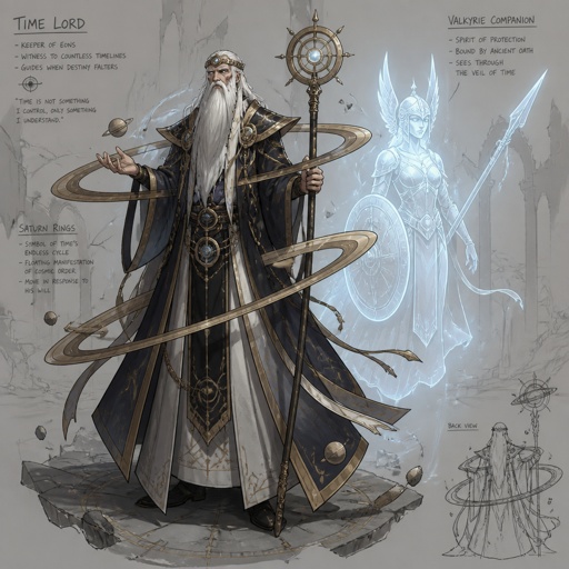 time lord with saturn rings white beard, spirit valkyrie companion